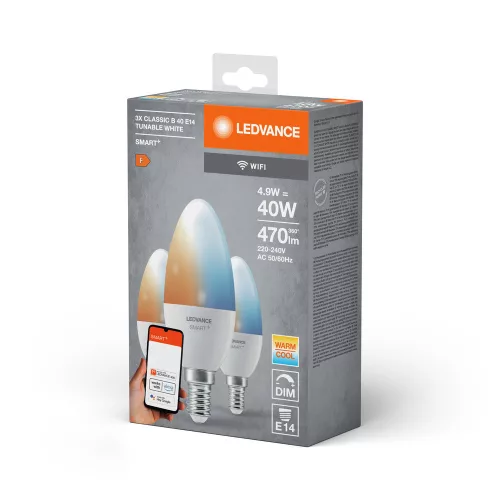 LED izzó E14 gyertya 4.9W = 40W 470lm CCT szabályozható fényerejű SMART+ WiFi gyertya Ledvance