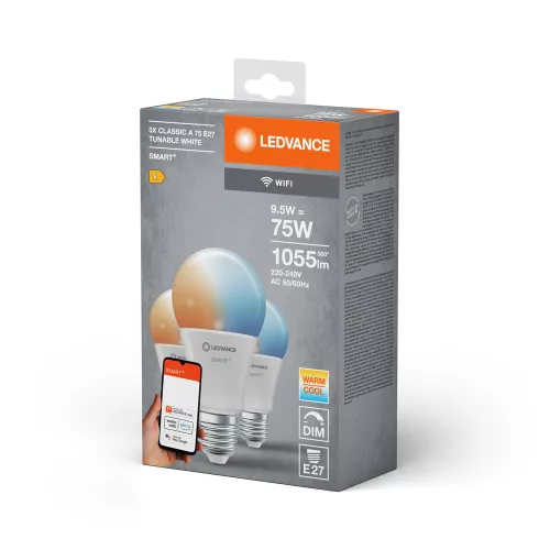 LED izzó E27 9.5W = 75W 1055lm CCT fényerőszabályozható SMART+ WiFi Classic Ledvance