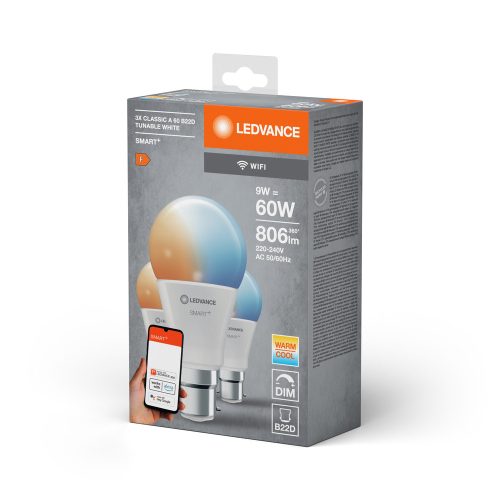 LED izzó B22 9W = 60W 806lm CCT szabályozható fényerővel SMART+ WiFi Classic Ledvance