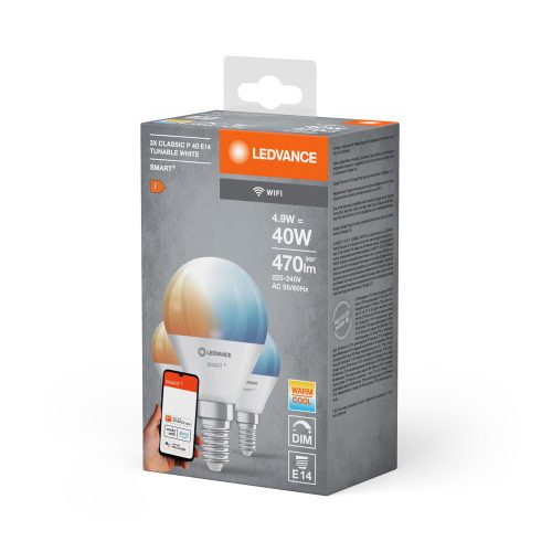 3x LED izzó E14 gömb alakú 4,9 W = 40 W 470 lm CCT SMART+ WiFi szabályozható mini izzó Ledvance