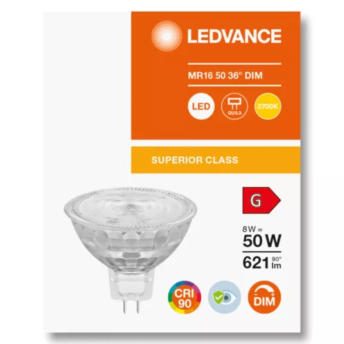 LED izzó MR16 12V 8W = 50W 621lm 2700K  36° CRI90 szabályozható LEDVANCE Superior