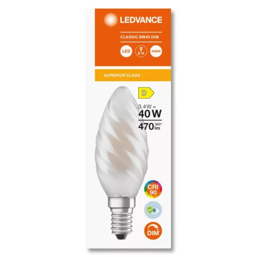 LED gyertyakörte E14 BW40 3.4W = 40W 470lm 4000K semleges 300° CRI90 izzószálas Tejszerű fényerőszabályzó LEDVANCE Superior