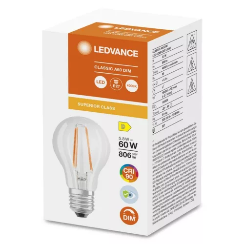 E27 A60 LED izzó 5.8W = 60W 806lm 4000K semleges 300° CRI90 izzószál szabályozható LEDVANCE Superior