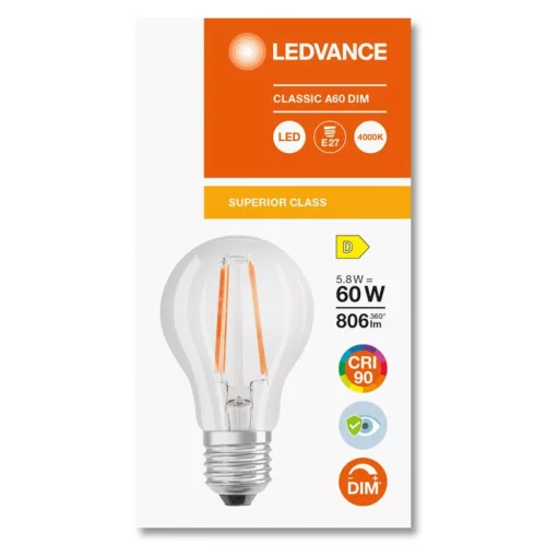 E27 A60 LED izzó 5.8W = 60W 806lm 4000K semleges 300° CRI90 izzószál szabályozható LEDVANCE Superior