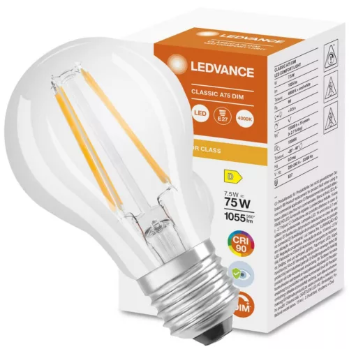 E27 A60 LED izzó 7,5 W = 75 W 1055 lm 4000 K Semleges 300° CRI90 Izzószálas, szabályozható LEDVANCE Superior