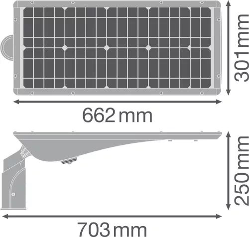 Napelemes utcai világítás LED-es közúti lámpatest, szabályozható 30W 5400lm 3000K IP65 szürke mozgásérzékelővel utcai világítás Solar Ledvance