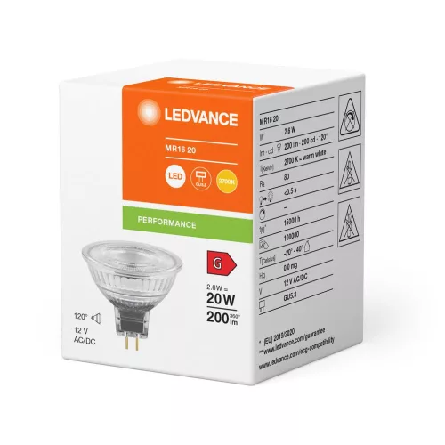 LED izzó reflektor GU5.3 MR16 2.6W = 20W 200lm 2700K Meleg 120° 12V Ledvance