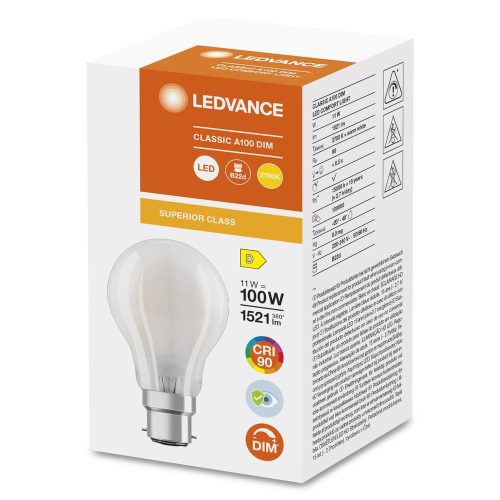 LED izzó B22d A60 11W = 100W 1521lm 2700K Meleg színhőmérséklet 300° CRI90 Szabályozható fényerő Ledvance