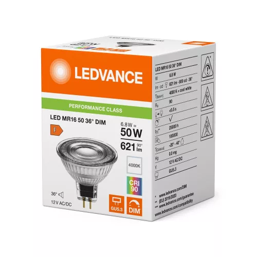 LED izzó reflektor GU5.3 MR16 6.8W = 50W 621lm 4000K Semleges 36° CRI90 12V Szabályozható Ledvance
