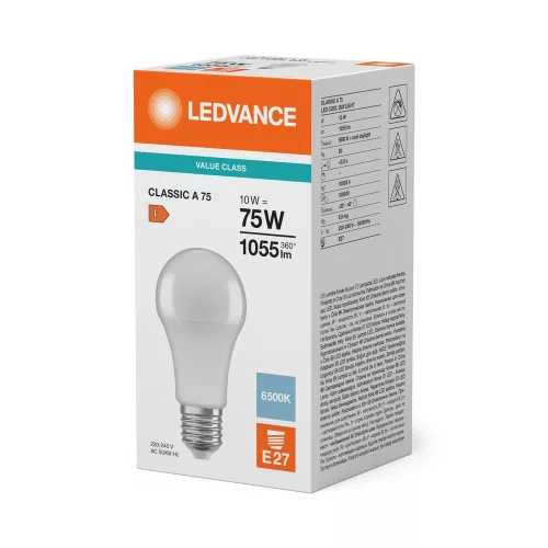 LED izzó E27 A60 10W = 75W 1055lm 6500K Hideg 180° Ledvance