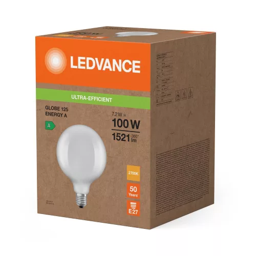 LED izzó gömb alakú E27 G125 7.2W = 100W 1521lm 2700K Meleg 330° Ledvance