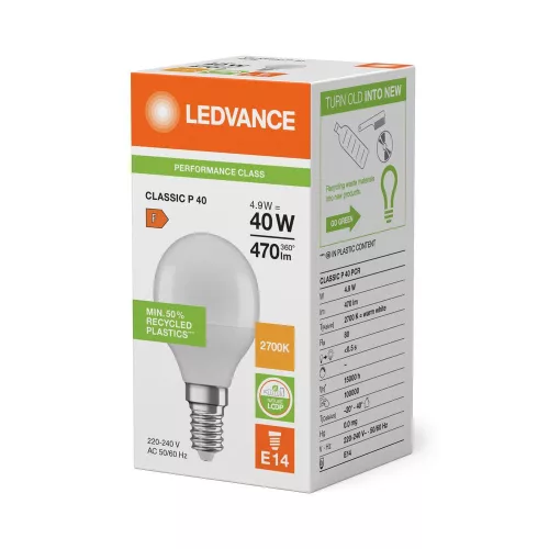 LED gömbizzó E14 P45 4.9W = 40W 470lm 2700K Meleg 180° Ledvance