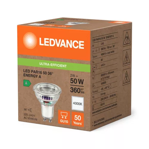 LED izzó spotlámpa GU10 PAR16 2W = 50W 360lm 4000K Semleges 36° Ledvance