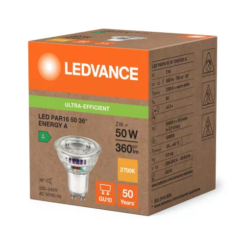 LED izzó spotlámpa GU10 PAR16 2W = 50W 360lm Meleg 2700K 36° Ledvance