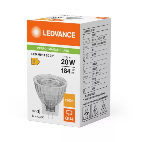 LED izzó spotlámpa GU4 MR11 1.8W = 20W 184lm 2700K Meleg 36° 12V Ledvance