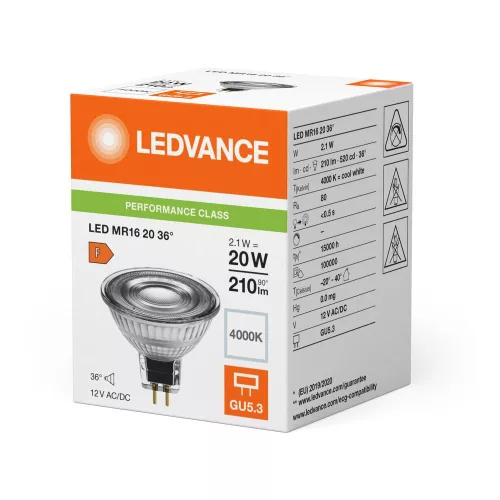 LED izzó reflektor GU5.3 MR16 2.1W = 20W 210lm 4000K Semleges 36° 12V Ledvance