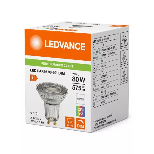 LED izzó spotlámpa GU10 PAR16 7W = 80W 575lm 4000K Semleges 60° CRI90 Szabályozható Ledvance