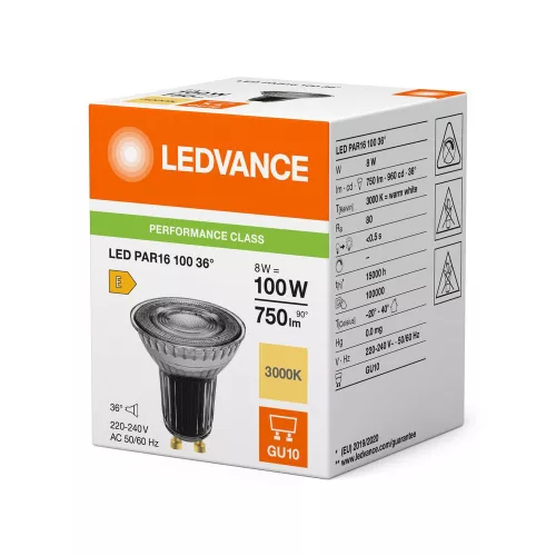 LED izzó spotlámpa GU10 PAR16 8W = 100W 750lm 2700K Meleg 36° Szabályozható Ledvance