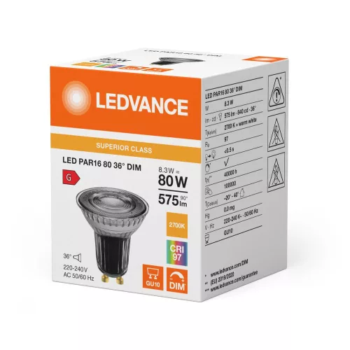 LED izzó spotlámpa GU10 PAR16 8.3W = 80W 575lm 2700K Meleg 36° CRI97 Szabályozható Ledvance