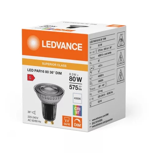 LED izzó spotlámpa GU10 PAR16 8.3W = 80W 575lm 4000K Semleges 36° CRI97 Szabályozható Ledvance