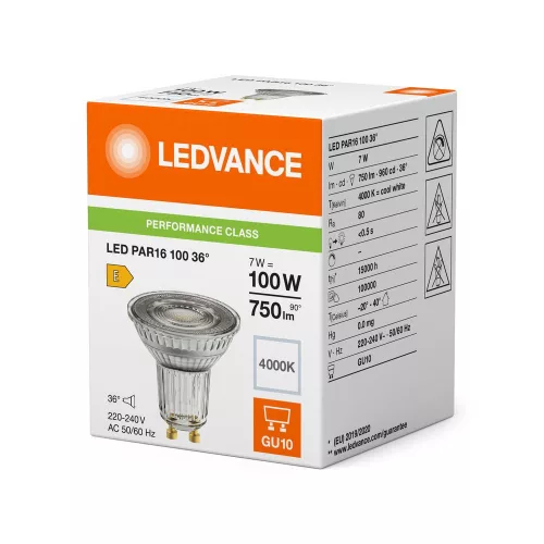 LED izzó spotlámpa GU10 PAR16 7W = 100W 750lm 4000K Semleges 36° Ledvance