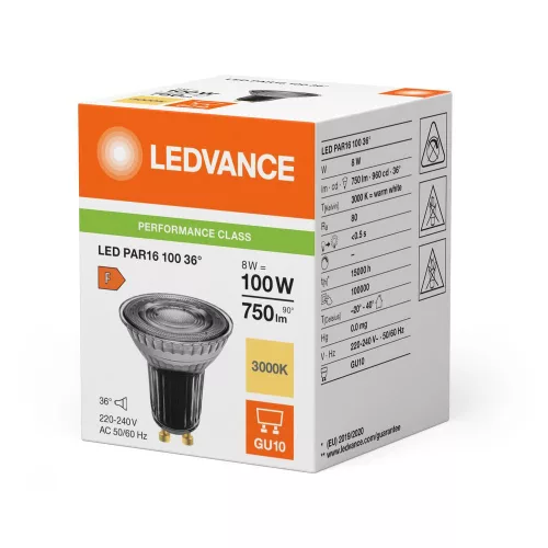 LED izzó spotlámpa GU10 PAR16 8W = 100W 750lm 3000K Meleg 36° Ledvance