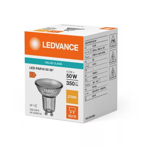 LED izzó spotlámpa GU10 PAR16 4.3W = 50W 350lm 2700K Meleg 36° Ledvance