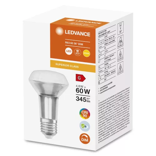 LED izzó reflektor E27 R63 4.8W = 60W 345lm 2700K Meleg 36° CRI90 Szabályozható Ledvance