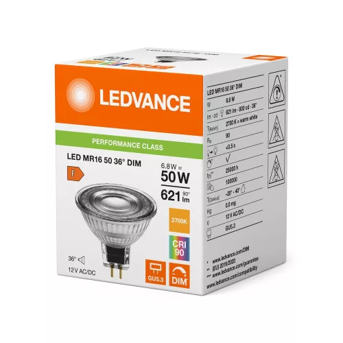 LED izzó reflektor GU5.3 MR16 6.8W = 50W 621lm 2700K Meleg 36° CRI90 12V Szabályozható Ledvance