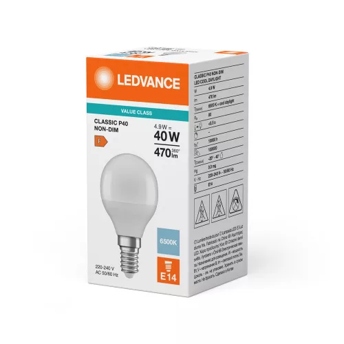 LED izzó P45 E14 4,9W = 40W 470lm 6500K hideg fehér LEDVANCE