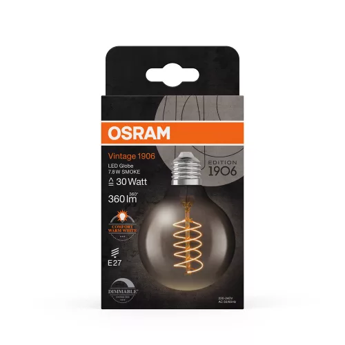LED dekoratív izzó G80 gömb alakú E27 7.8W = 30W 360lm 1800K Meleg 320° Füstölt izzószálas, szabályozható fényerővel Vintage 1906 Osram