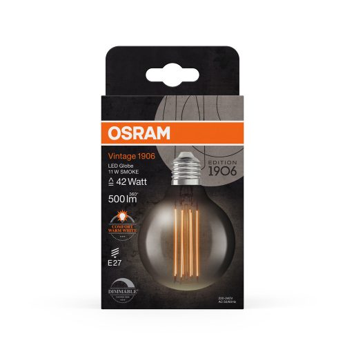 LED dekoratív izzó G80 gömb alakú E27 11W = 42W 500lm 1800K Meleg 320° Füstölt Izzószálas Szabályozható Vintage 1906 Osram