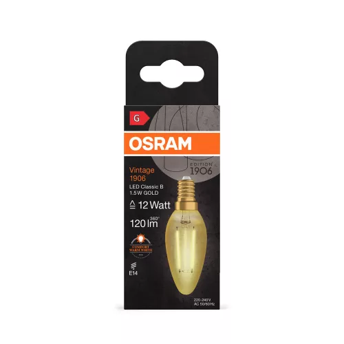 LED dekoratív izzó B35 gyertya E14 1.5W = 12W 120lm 2400K Meleg 300° Vintage 1906 Osram