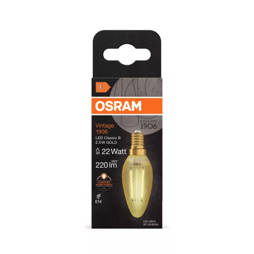 LED dekoratív izzó B39 gyertya E14 2.5W = 22W 220lm 2400K Meleg 300° Vintage 1906 Osram