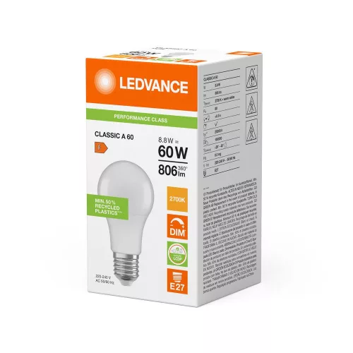 LED izzó E27 A60 8.8W = 60W 806lm 2700K Meleg 200° Szabályozható Ledvance