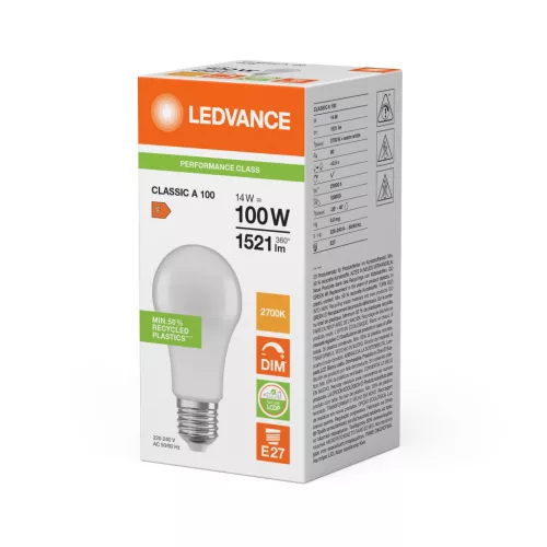 LED izzó E27 A60 14W = 100W 1521lm 2700K Meleg 200° Szabályozható Ledvance