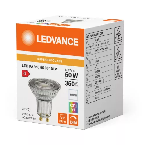 LED izzó spotlámpa GU10 PAR16 6W = 50W 350lm 4000K Semleges 36° CRI97 Szabályozható Ledvance