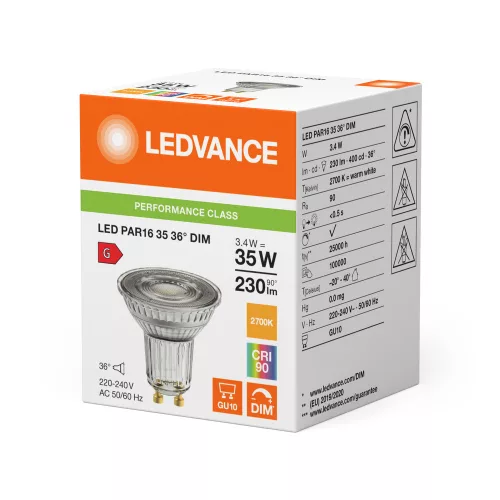 LED izzó PAR16 GU10 3,4W = 35W 2700K 230lm meleg fehér 36°-ban DIMMÁLHATÓ LEDVANCE