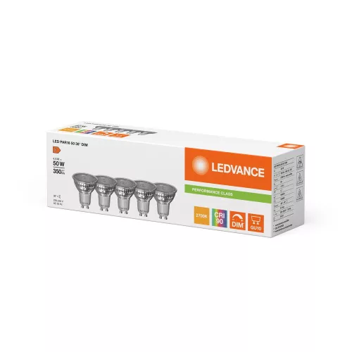 5x LED izzó spotlámpa GU10 PAR16 4.5W = 50W 350lm 2700K Meleg 36° CRI90 Szabályozható Ledvance