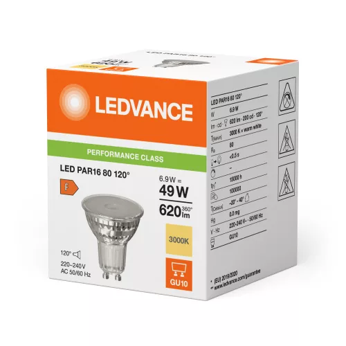 LED izzó PAR16 GU10 6.9W = 49W 620lm 3000K meleg fehér 120° LEDVANCE