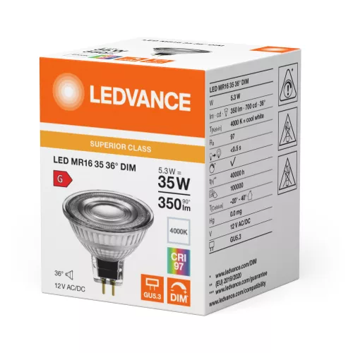 LED izzó MR16 GU5.3 5.3W = 35W 350lm 4000K Neutral White 12V FILAMENT DIMMÁLHATÓ LEDVANCE