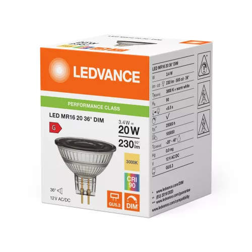 LED izzó MR16 GU5.3 3.4W = 20W 230lm 3000K meleg fehér 12V FALAMENT DIMMÁLHATÓ LEDVANCE