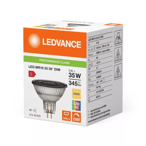 LED izzó MR16 GU5.3 5W = 35W 345lm 3000K Melegfehér 12V FŰZŐSZÁMOS DIMMÁLHATÓ LEDVANCE