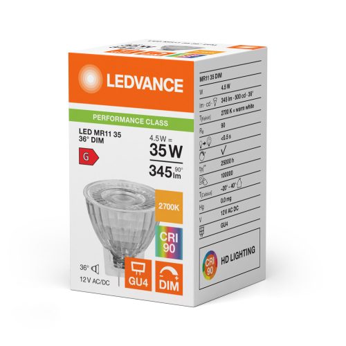 LED izzó MR11 GU4 4.5W = 35W 345lm 2700K meleg fehér 12V FALAMENT DIMMÁLHATÓ LEDVANCE