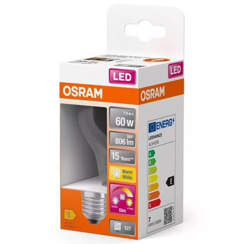LED izzó E27 A60 7W = 60W 806lm 2200-2700K meleg, 320°-os izzószál, szabályozható OSRAM Superstar