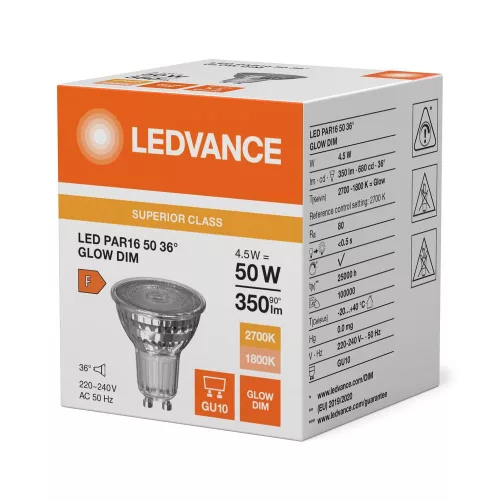LED izzó spotlámpa GU10 PAR16 4.5W = 50W 350lm 1800-2700K Meleg 36° Szabályozható Ledvance