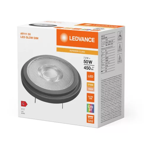G53 LED izzó spotlámpa AR111 7.2W = 50W 450lm 1800-2700K Meleg 40° 12V CRI90 Szabályozható Ledvance