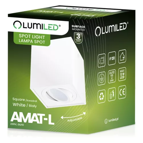 Felületre szerelhető HALOGÉN Spotcső rögzítő AMAT-L GU10 Négyzet Fehér 115mm LUMILED