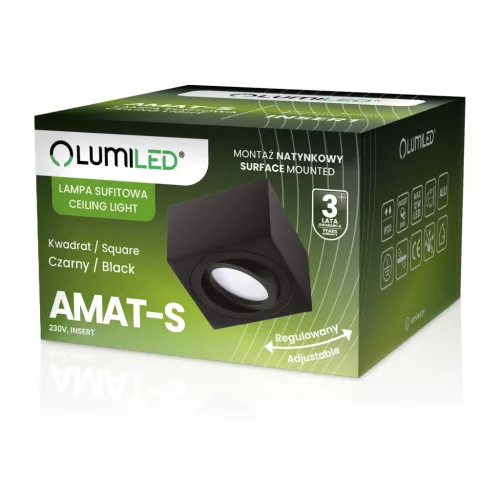 Felületre szerelhető HALOGÉN Spot csőrögzítő AMAT-S Négyzetes Fekete 50mm LUMILED