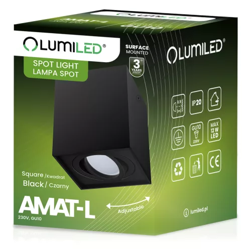 Felületre szerelhető HALOGÉN Spotcső rögzítő AMAT-L GU10 Négyzet Fekete 115mm LUMILED
